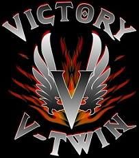 the victory v twin logo is shown on a black background with red and yellow flames