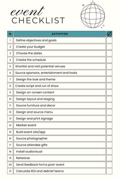 Event checklist with activities to start planning a corporate event such as define goals, create budget, shortlist venues and post-event activities such as send feedback forms. There is a box to check each of these tasks off when completed. Event Planning Technique, Event Planner Checklist, Event Management Ideas, Restaurant Checklist, Wedding Vendors Checklist, Empowerment Event, Stakeholder Engagement