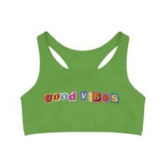 Introducing our refreshing and uplifting Light Green "Good Vibes" Sports Bra! Designed to brighten up your activewear collection and infuse your workouts with positivity. This sports bra features a delightful light green hue that brings a sense of freshness to your attire. Emblazoned across the front in bold magazine letters are the words "Good Vibes," serving as a reminder to radiate positivity and embrace every moment of your fitness journey. Crafted from high-quality, moisture-wicking fabric, this sports bra keeps you cool, dry, and comfortable throughout your activities. The soft and stretchy material provides excellent support and flexibility, allowing you to move freely with confidence. Whether you're hitting the gym, going for a run, or practicing yoga, the Light Green "Good Vibes" Magazine Letters, Radiate Positivity, Womens Sports, Seamless Sports Bra, Sport Bh, Keep Your Cool, Moisture Wicking Fabric, You Fitness, Fitness Journey