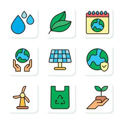 the icons are shown in different colors and sizes, including green leaf, water drop, earth