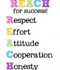 the words reach for success, respect, effort, and attitude are written in multicolored letters