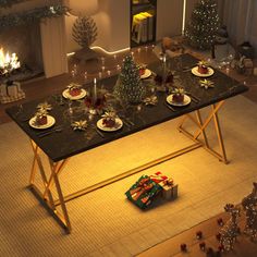 a dining room table set for christmas with presents on it and lit candles in the fireplace