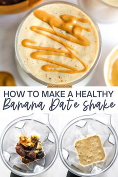 how to make a healthy banana date shake with chocolate and caramel drizzle