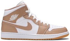 the nike air jordan 1 high is shown in white and light brown leather with gum soles