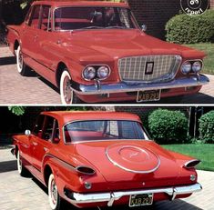 an old red car parked in front of a brick building and another photo of the same car