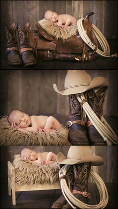 two babys are sleeping in cowboy hats and boots, one is wearing a hat