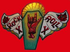 the rock and roll logo is painted on to a red background with two hands holding up a ball