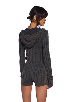 Current Mood Washed Cable Knit Pom-Pom Hooded Romper - Gray – Dolls Kill Cute Lounge Clothes, Lazy Fits Summer, Winter Cabin Outfit, Winter Romper Outfit, Plt Clothing, Cute Outfits For Winter, Cute Lounge Wear, Brown Romper, Unique Knitwear