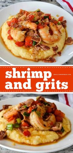 shrimp and grits are served on top of mashed potatoes with peppers, mushrooms, and onions