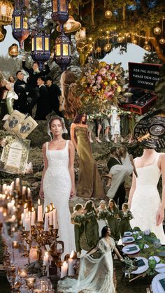 a collage of people dressed in wedding gowns and dresses with candles on them