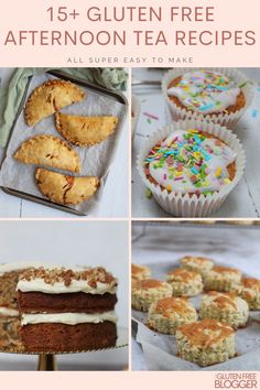 a collage of different cakes and desserts with text overlay that reads 15 gluten free afternoon tea recipes