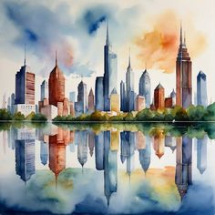 a painting of a city with skyscrapers in the background and water reflecting off it's surface