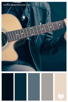 a person holding a guitar in their hands with color swatches on the left and right sides