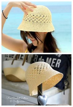 two pictures one with a woman's hat and the other has a straw hat on it