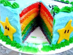 there is a rainbow cake that has been cut in half