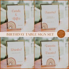 the table signs are set up for someone's birthday