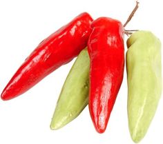 three red and green chilli peppers on a white background