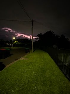 a street light sitting on the side of a lush green field