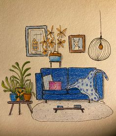 a drawing of a living room with blue couch and potted plants on the table