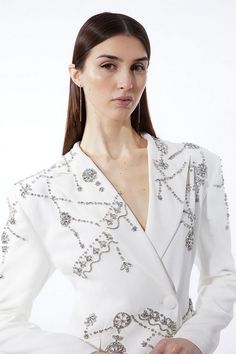 Petite Crystal Embellished Cady Blazer Mini Dress | Karen Millen Blazer Mini Dress, Bridal Jumpsuit, Soft Tailoring, Strong Shoulders, Outfits Petite, Plus Size Wedding, Embellished Dress, Karen Millen, Petite Dresses