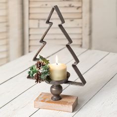 Metal & Wood Christmas Tree Candle Holder For Pillar Candles-CTW Home-The Village Merchant Fireplace Craft, Christmas Tree Holder, Country Christmas Trees, Black Candle Holders, Christmas Tree Candle Holder, Tree Candle Holders, Tree Candle, Black Christmas Tree, Candleholder Centerpieces