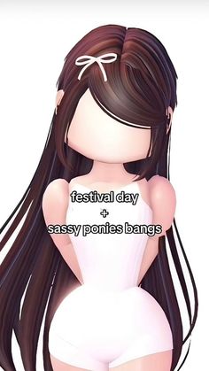 an animated girl with long black hair wearing a white dress and text reading festival day sassy ponies bangs