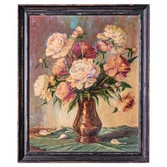 an oil painting of flowers in a vase on a tablecloth, framed against a wall