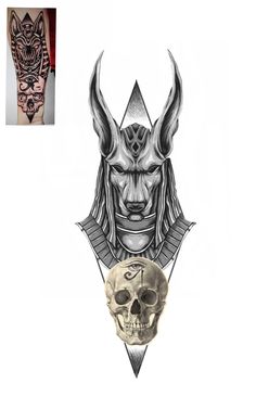 an image of tattoos with skulls and demon masks on it's sides, including a skull