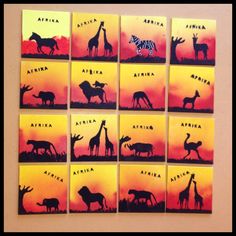 six pictures of different animals on yellow and red background with the words africa written in black