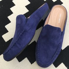 Brand New Never Worn Blue Slip-on Loafers For Fall, Blue Summer Loafers With Rubber Sole, Blue Closed Toe Loafers For Summer, Blue Closed Toe Loafers For Work, Blue Closed Toe Loafers For Workwear, Blue Spring Loafers For Work, Spring Blue Loafers For Workwear, Casual Blue Pointed Toe Loafers, Blue Spring Workwear Loafers