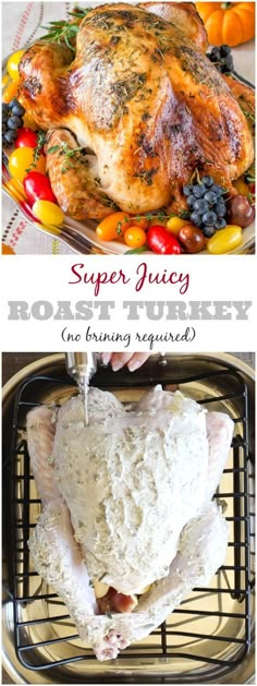 two different pictures with the words super juicy roast turkey on them and an image of a chicken