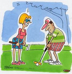 a man and woman are playing golf together