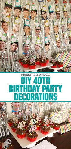 a birthday party with cupcakes and pictures on the wall behind it that says diy 40th birthday party decorations