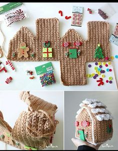 crocheted gingerbread house with candy and candies on the outside, along with other items to make it