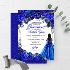 a blue and white wedding card with flowers on the front, featuring an image of a woman in a blue dress