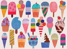 an assortment of ice creams and desserts are shown in this colorful illustration on white paper