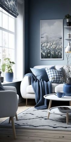 a living room with blue walls and furniture