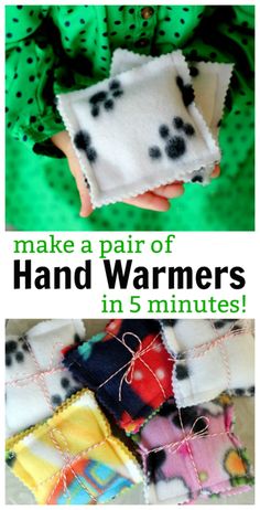 hand warmers made from fabric with text overlay that reads make a pair of hand warmers in 5 minutes