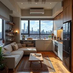 a living room filled with furniture next to a large window covered in lots of windows