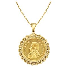 ♥ Coin Information ♥ Details: South African Krugerrand Gold Coin Composition: .9167 Gold Ounce Precious Metal Content: 1/2OZ Year: Varies Diameter: 27mm Obverse: Paul Kruger Reverse: Antelope Chain: 18" 14k Yellow Gold ♥ Bezel Information ♥ Style: Rope Bezel Halo Setting Material: 14k Yellow Gold **All coins are authentic and genuine uncirculated fine gold Krugerrand Coin Necklace, Necklace Rope, Halo Setting, Gold Ounce, Gold Coin, Coin Necklace, Precious Metal, Gold Coins, South African