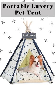 a small dog sitting in a teepee tent with the words, portable luxury pet tent