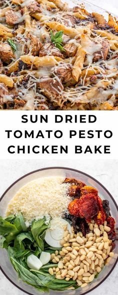 sun dried tomato pesto chicken bake on a plate with spinach and cheese