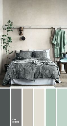 a bed room with a neatly made bed and several color swatches