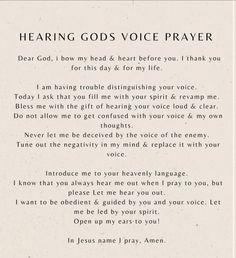 a poem written in white with the words, hear god's voice prayer