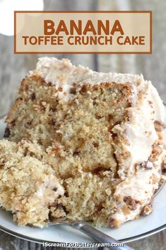 banana toffe cake with browned butter frosting is on a white plate and has a fork in it