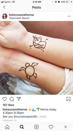 two people with matching tattoos on their arms, one has a sun and the other has a turtle