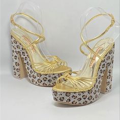 Never Worn With Card And Box. Size 37.5 Retail For $880 Color: Gold Leopard Sophia Webster's Rue Sandals Feature A Metallic Mignon Upper And A Leopard-Print Crystal-Wrapped Platform Sole. Leather Upper Open Toe Adjustable Buckle Closure Lining: Leather Leather Sole Imported Block Heel, 5.5" (140mm) Platform Height, 1.5" Sophia Webster Shoes, Sophia Webster, Kinds Of Shoes, Platform Sandals, Women's Shoes Sandals, Block Heels, Open Toe, Shoes Sandals, Leopard Print