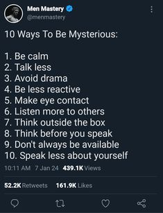 the tweet has been written on it to read 10 ways to be mysterious