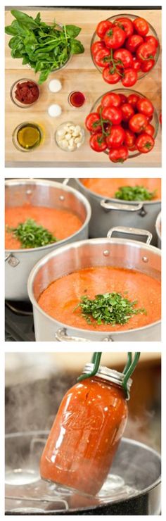 the process of making tomato soup is shown in three different pictures, including tomatoes and other ingredients