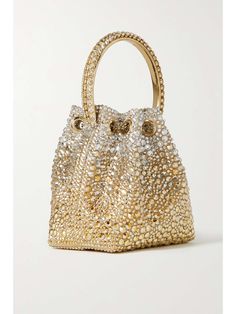 JIMMY CHOO Bon Bon crystal-embellished satin mini bag | NET-A-PORTER Jimmy Choo Bon Bon Bag, Jimmy Choo Gold, Jimmy Choo Handbags, Sparkly Top, Jimmy Choo Bag, Handbag Heaven, Bon Bon, Embellished Top, Footwear Design Women